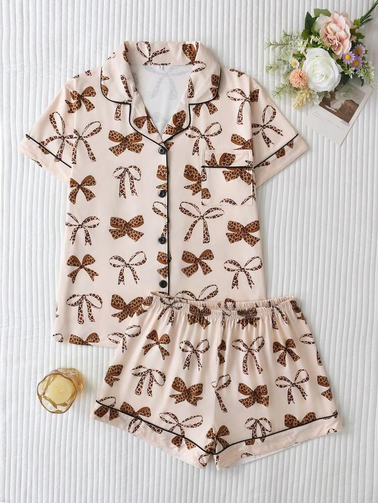 2pcs Leopard Print Bow Tie Decor Short Sleeve Women Pajamas Set, Collared Button-Up Top And Comfo... | SHEIN