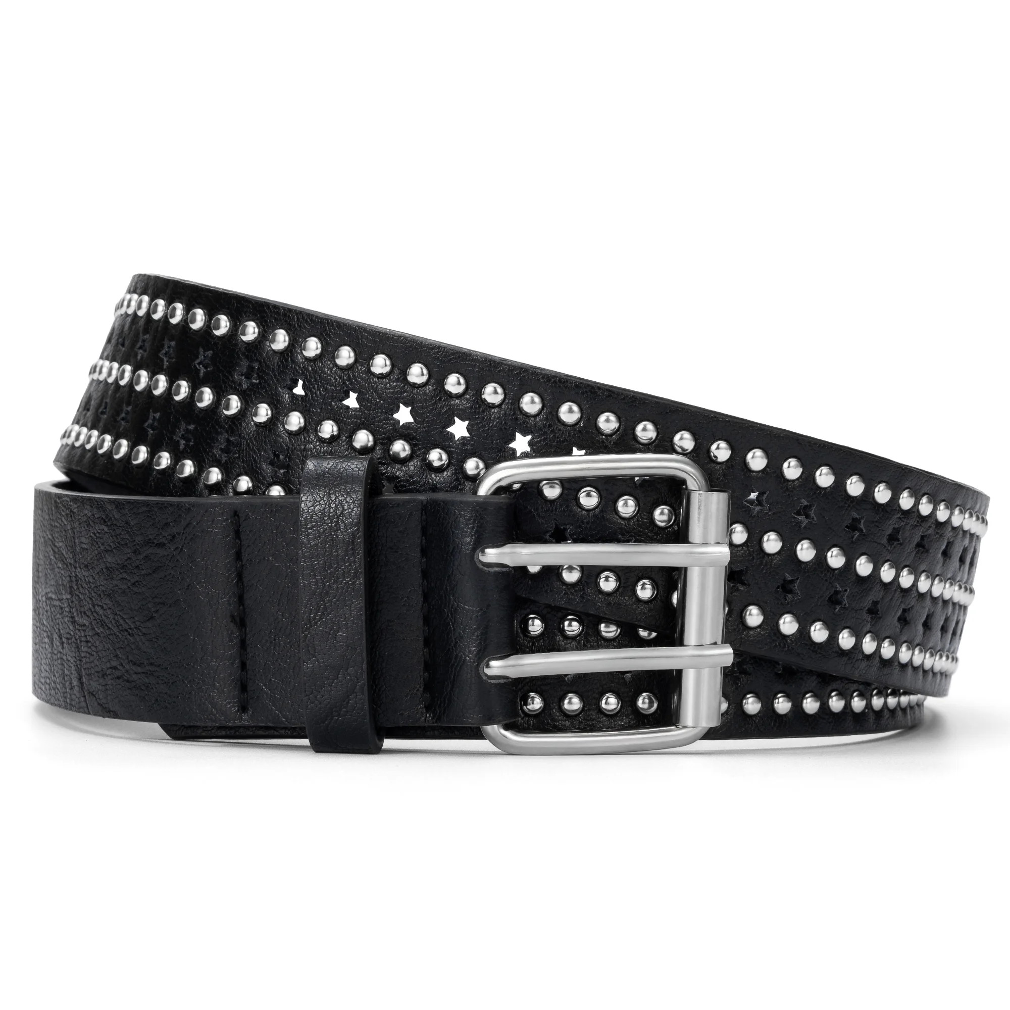 Punplita Women's Belt Studded with Star Holes  Rivets Punk Black Leather Belt | Walmart (US)