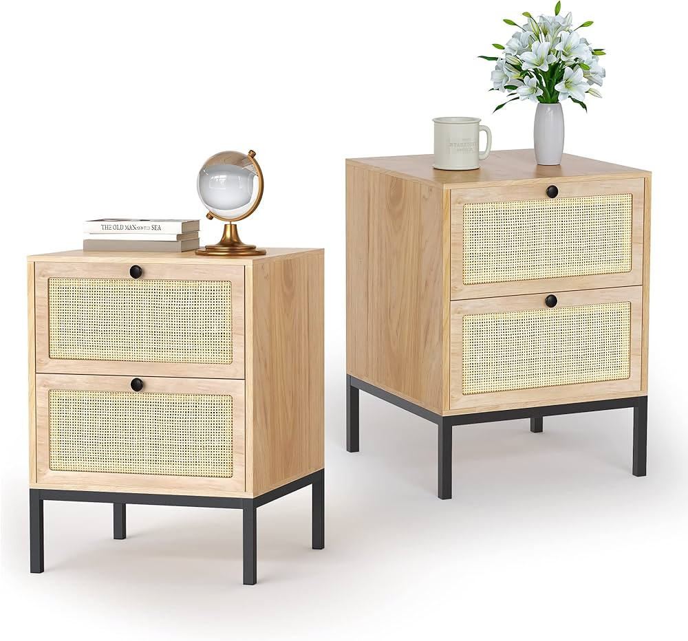 Yechen Rattan Nightstand Set of 2, Boho Bedside Table with Natural Rattan Decorated Drawers, Smal... | Amazon (US)