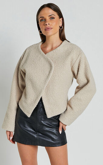 Mayvie Jacket - Collarless Long Sleeve Wool Look Jacket in Beige | Showpo (ANZ)