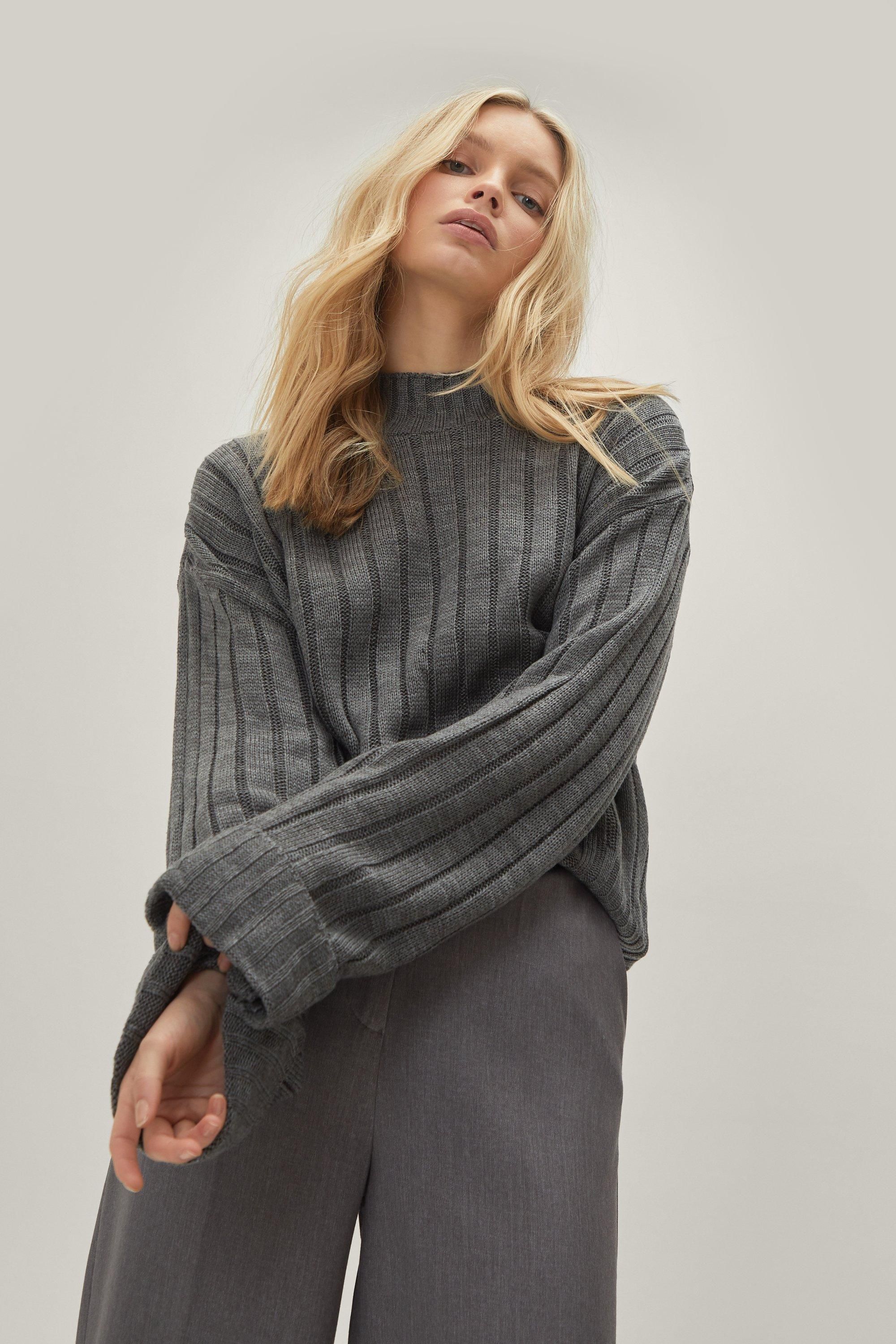 Womens Mock Neckline Ribbed Sweater with Wide Sleeves - Grey | NastyGal (US & CA)