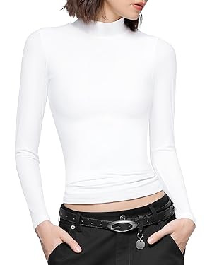 PUMIEY Women's Long Sleeve T Shirts Mock Turtleneck Slim Fit Tops Sexy Basic Tee Smoke Cloud Pro ... | Amazon (US)