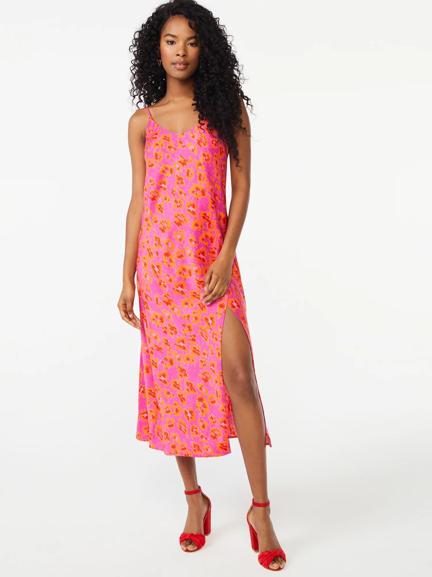 Scoop Women's V-Neck Midi Slip Dress with Slit - Walmart.com | Walmart (US)