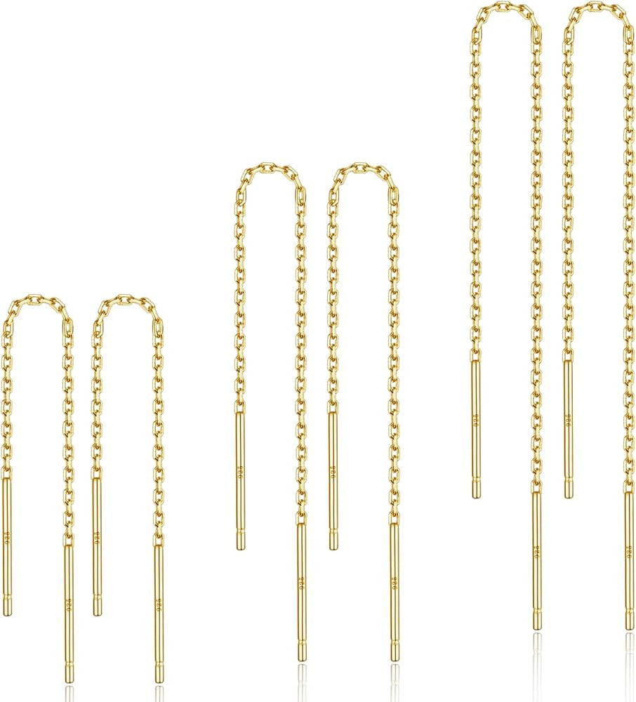 3 Pairs Threader Earrings 925 Sterling Silver Long Chain Earrings Bar/Ball Wrap Threader Drop Ear... | Amazon (US)