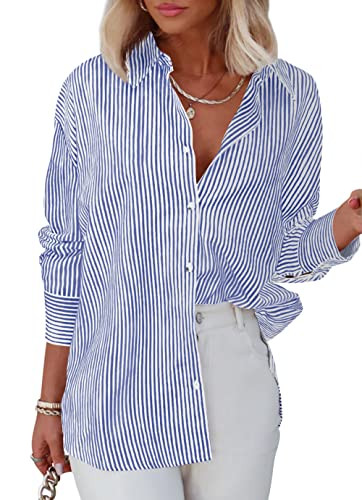 Diosun Womens Striped Button Down Shirts Classic Long Sleeve Stylish Collared Office Work Blouses Tops (Medium, Blue) | Amazon (US)