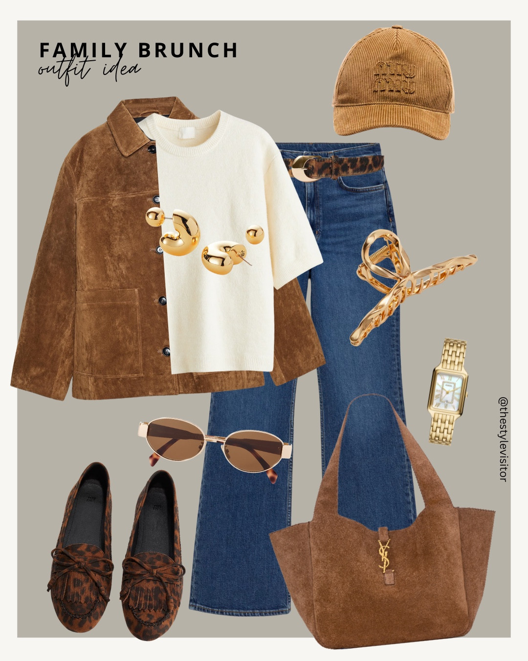 📌 Family Brunch
Cozy chic for a family brunch 🍂🤎 A suede jacket paired with jeans, a knit top, moccasins and a corduroy cap gives that relaxed yet put-together vibe you’ll wear again and again.

Like this post to save it to your favourite folder and come back later to shop.

keywords: suede jacket, brunch outfit, cozy chic, moccasins outfit, corduroy cap, casual jeans, knit top, gold jewelry, suede bag, weekend outfit, fall casual style, chic layering, everyday chic, timeless outfit, capsule wardrobe, relaxed chic, neutral outfit, fall outfit idea, effortless chic, modern cas