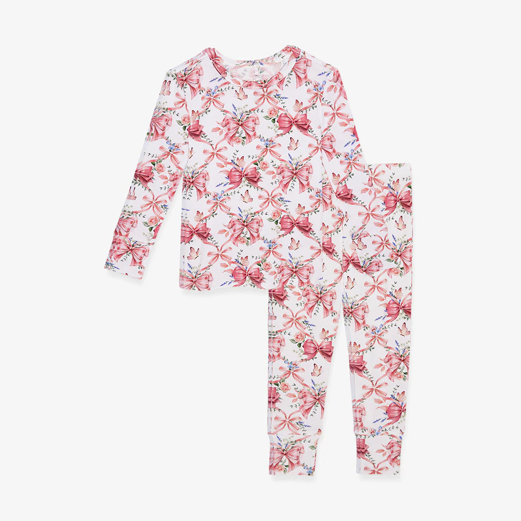 Floral Ribbons Pink Long Sleeve Toddler Pajamas | Loraine | Posh Peanut
