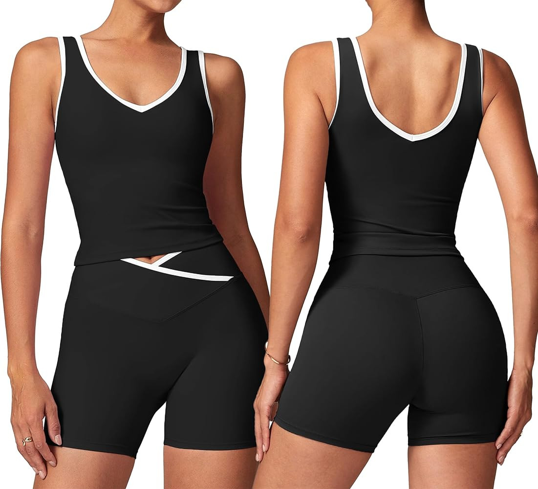 SUUKSESS Women 2 Piece Workout Sets Built in Bra Yoga Tank Top High Waisted Tummy Control Biker S... | Amazon (US)