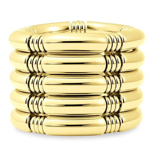 Emibele Gold Bangles Bracelets for Women, Chunky 14k Gold Plated Stretch Bangles Bracelets, Stackable Layered Curved Bamboo Tube Bracelet Set, Non Tarnish Gold Bracelets Jewelry Gifts, Gold | Amazon (US)