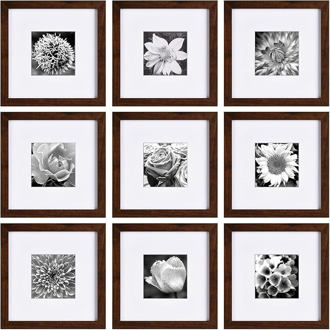 Yaetm 8x8 Picture Frame with Mat for 4x4 Set of 9, Square 8x8 Frame Brown Wood Grain, Gallery Wal... | Amazon (US)
