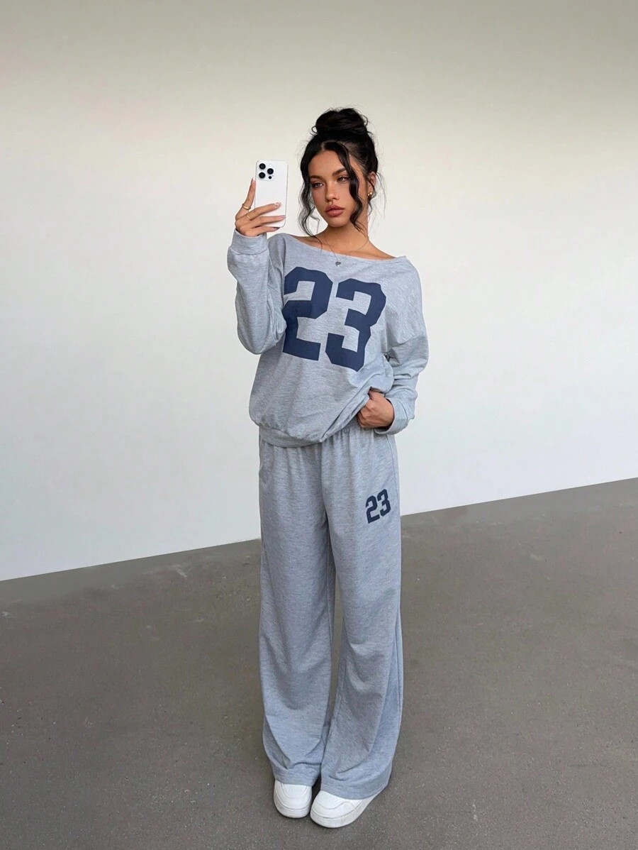 Aloruh 2pcs/Set Women Casual Numeric Print Long Sleeve Top And Long Pants Set | SHEIN