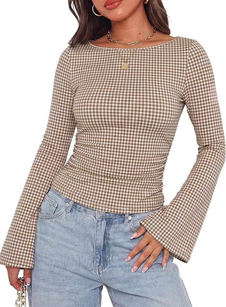 WIHOLL Bell Sleeve Tops for Women Boat Neck Ruched Ribbed Long Sleeve Fall Shirts for Women 2026 | Amazon (US)