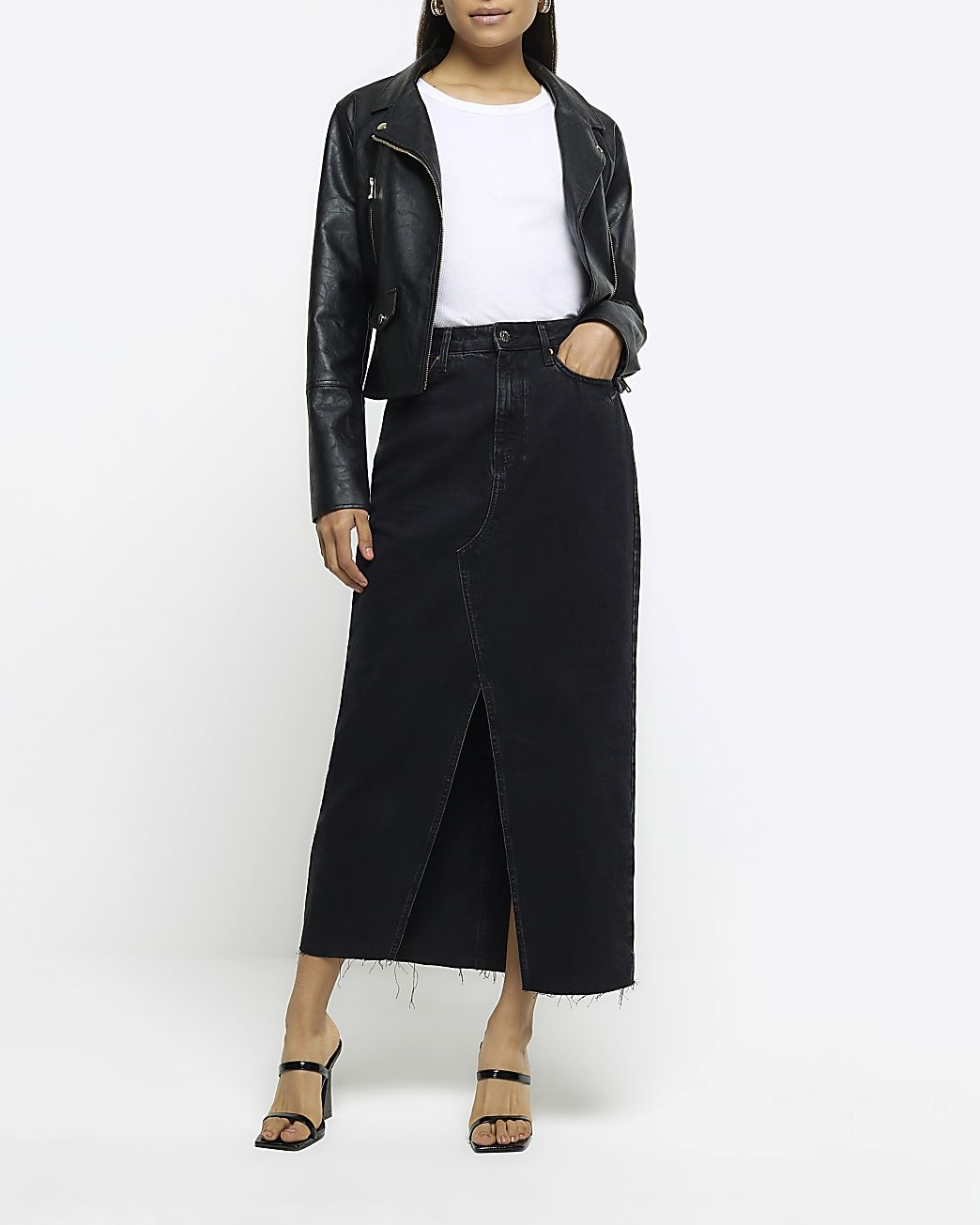 Black split front denim midi skirt | River Island (UK & IE)