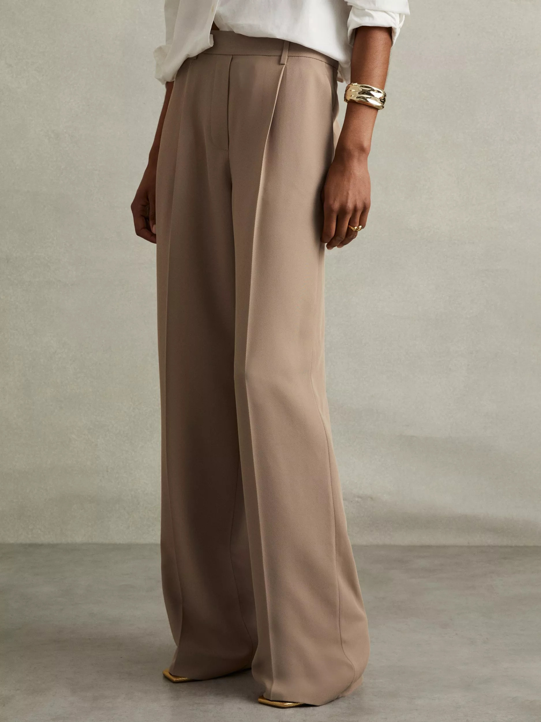 Reiss Petite Eden Wide Leg Trousers, Mink Neutral | John Lewis (UK)