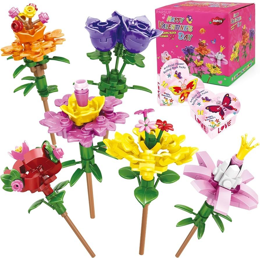 30PCS Valentines Day Gifts for Kids, 6 Different Artificial Flower Building Block with Valentines... | Amazon (US)
