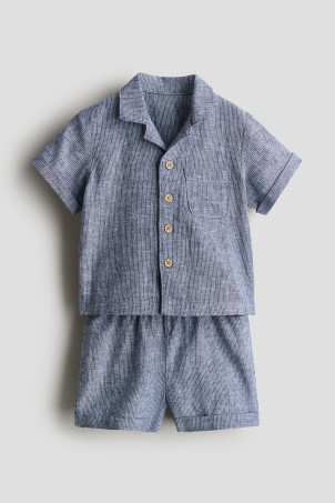 2-piece Patterned Linen-blend Set - Short sleeve - Regular length - Light beige/striped - Kids | ... | H&M (US + CA)