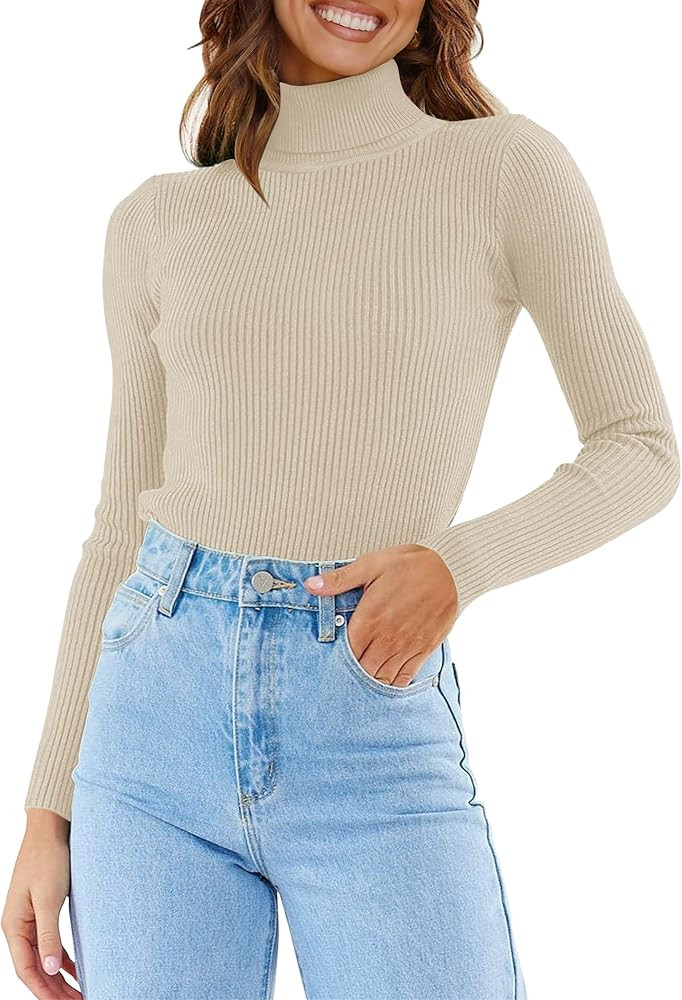 ZESICA Women's 2023 Turtleneck Long Sleeve Knit Shirts Fall Basic Tops Slim Fitted Ribbed Sweater | Amazon (US)