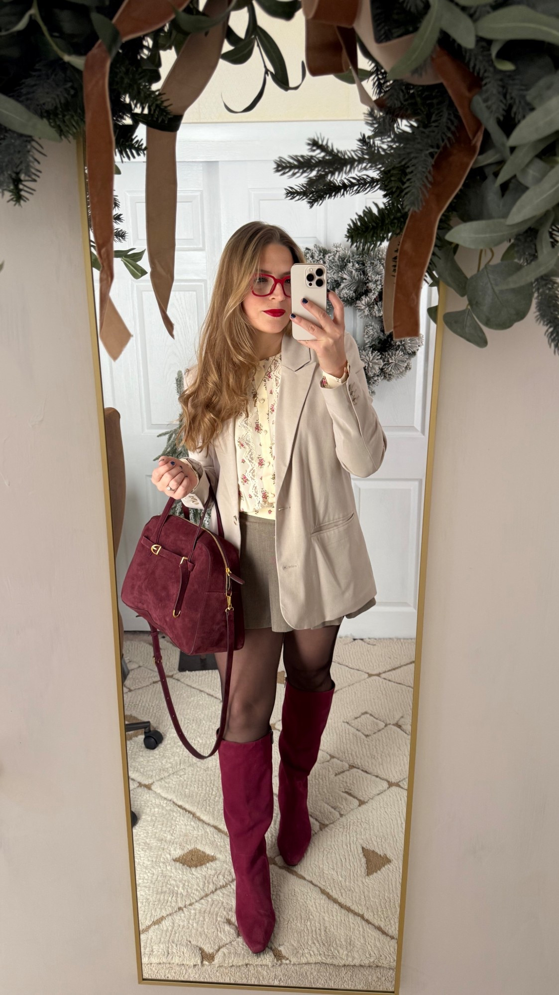 Valentine’s Day office outfit, winter outfit, suede bag, red glasses, red lipstick, feminine fashion, blazer, Twee, floral blouse, red boots 

#LTKFindsUnder50 #LTKWorkwear