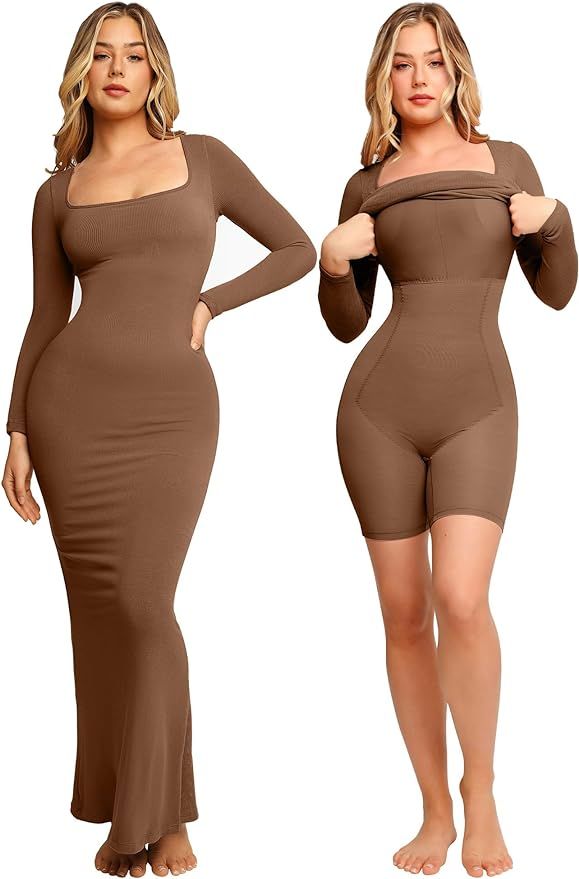 Popilush Shaper Dress Bodycon Maxi/Mini Built in Shapewear Bra 8 in 1 Women Long Sleeve Dresses | Amazon (US)