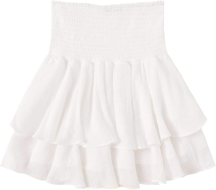 SheIn Women's Solid Shirred High Waist Layered Ruffle Hem Flared Mini Skirt | Amazon (US)