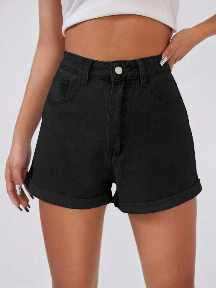 High Waist Roll Up Hem Denim Shorts | SHEIN