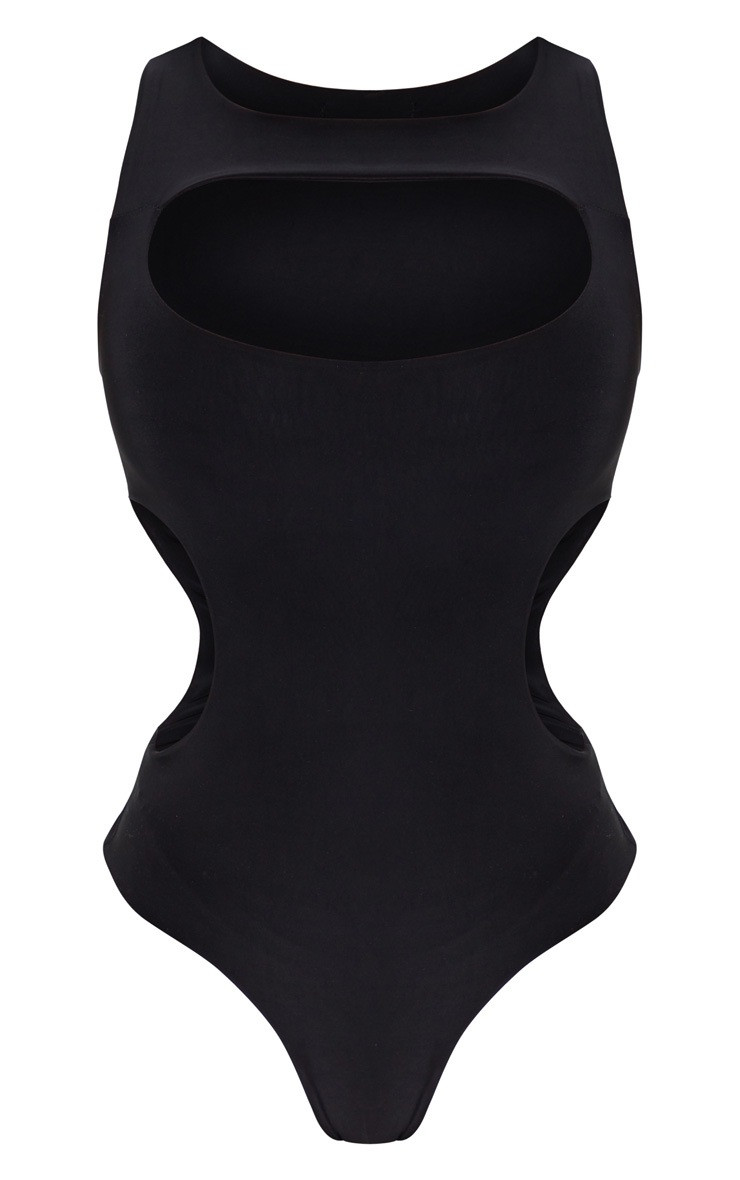 Black Slinky Front Cut Out Racer Bodysuit | PrettyLittleThing US