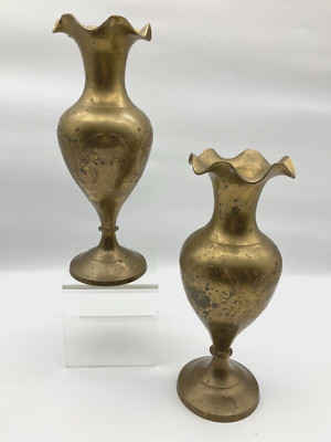 VTG Set of 2 Brass Floral Etched Vases Scalloped Rim India 10 | eBay US