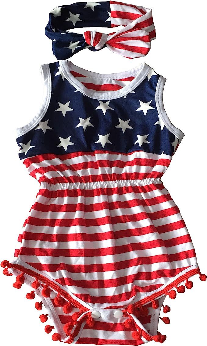 Qin.Orianna 4th of July Toddler Baby Girl American Flag Tassel Romper with Headband | Amazon (US)
