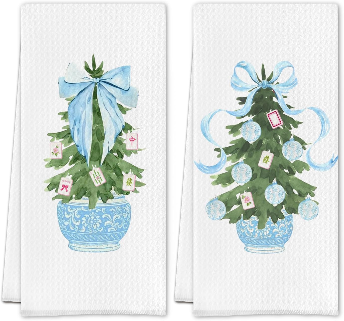 Blue Chinoiserie Christmas Merry Mahjong Kitchen Towels, Mahjong Lover Player Gifts, Blue Bow Chr... | Amazon (US)