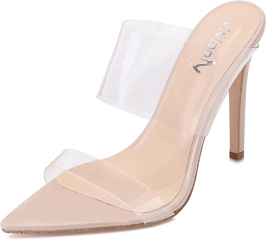 vivianly Clear Pointed Toe Heels Sandals Transparent Strap Stiletto High Heels Slip on Mules for ... | Amazon (US)