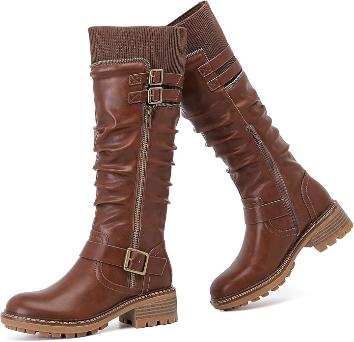 Women's Slouchy Knee High Boots Low Heel Comfort Round Toe Tall Calf Flat Riding Combat Boots for... | Amazon (US)