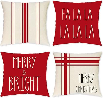 Christmas Pillow Covers 18x18 Inches Set of 4 Red Ticking Striped Merry Christmas Falala Merry&Br... | Amazon (US)