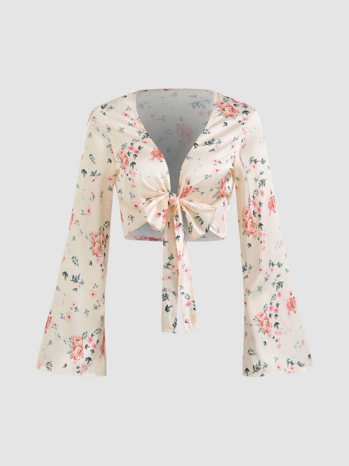 Solid Tie Front Bell-sleeved Crop Top | Cider