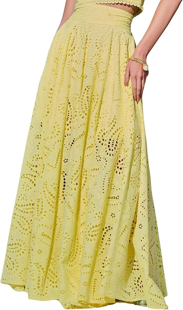 chouyatou Women's Hollow Out Eyelet Maxi Boho Skirt Back Smocked Waist Lace Floral Flowy Long Ski... | Amazon (US)