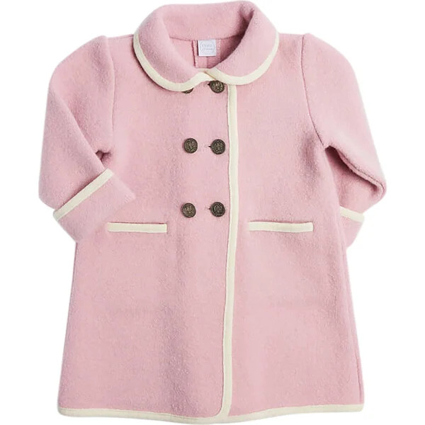 Austrian Double Breasted Contrast Trim Baby Coat, Baby Pink & White | Maisonette