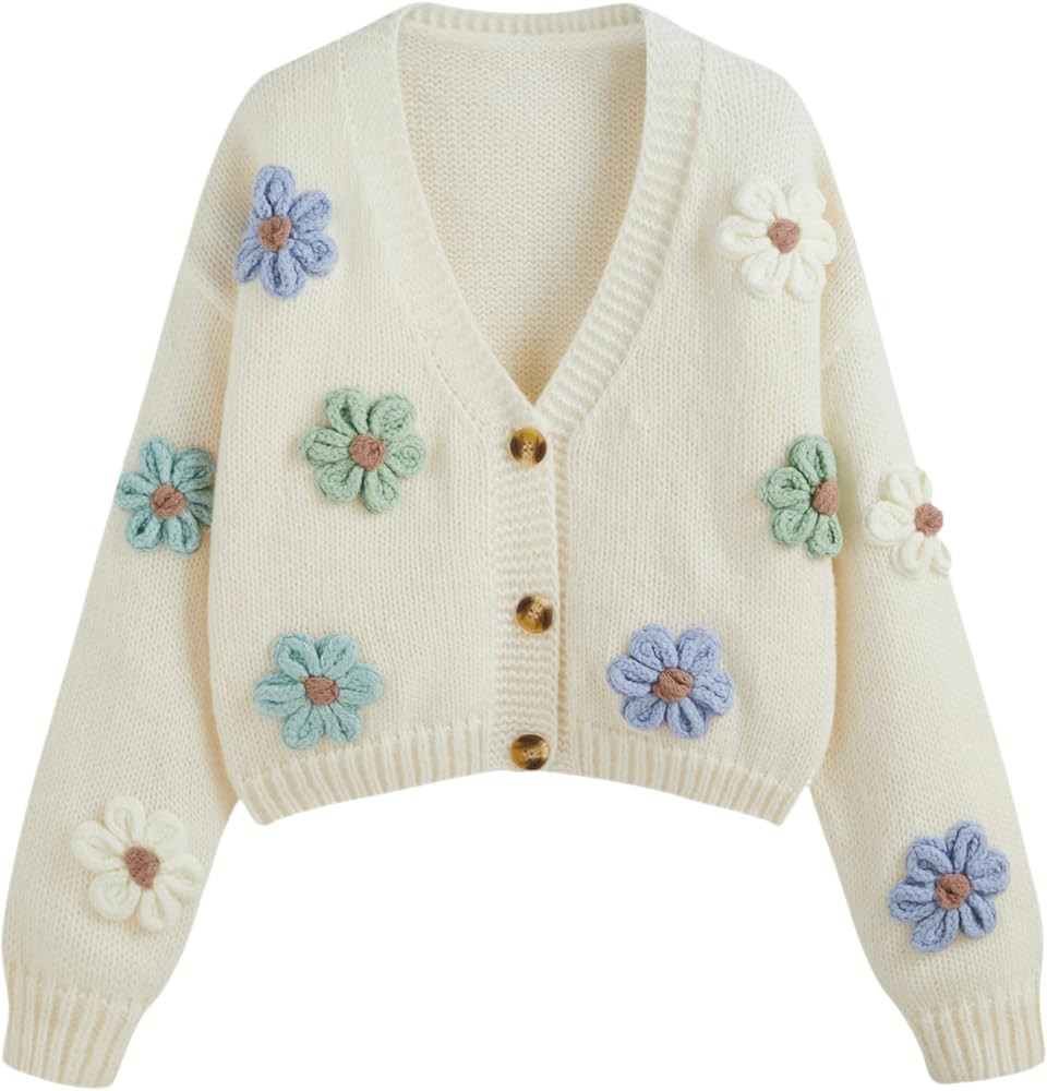 CIDER Women’s Floral Cropped Cardigan Cute Flower V Neck Button Down Trendy Sweater | Amazon (US)