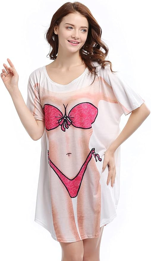 Bellady Women's Bikini Print Funny T Shirt,Short Sleeve Loose Swimwear Cover Up,Cute Baggy Fun We... | Amazon (US)