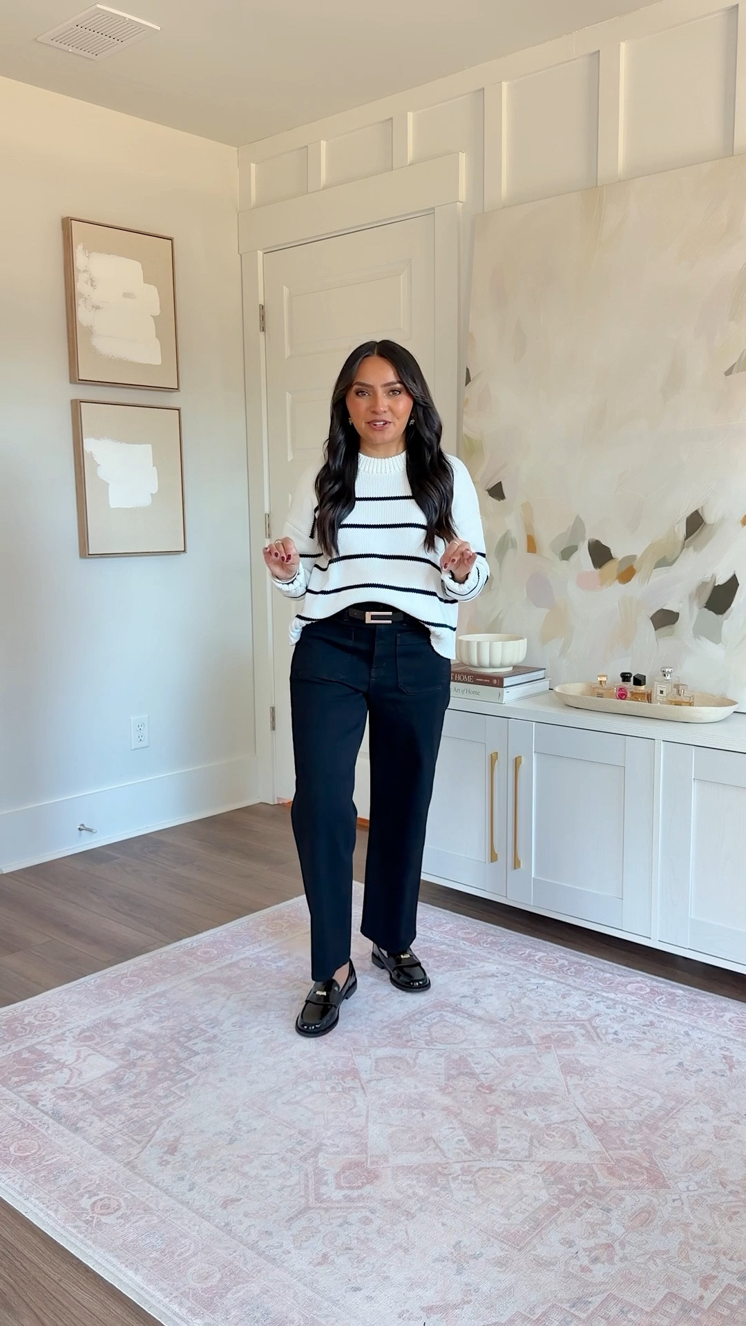 Black stripe sweater size xs TTS
Black cropped wide leg jeans size 26, 26” inseam - I have a little room in the waist
Black loafers size 5 TTS


#LTKPetite #LTKootd #LTKFindsUnder100