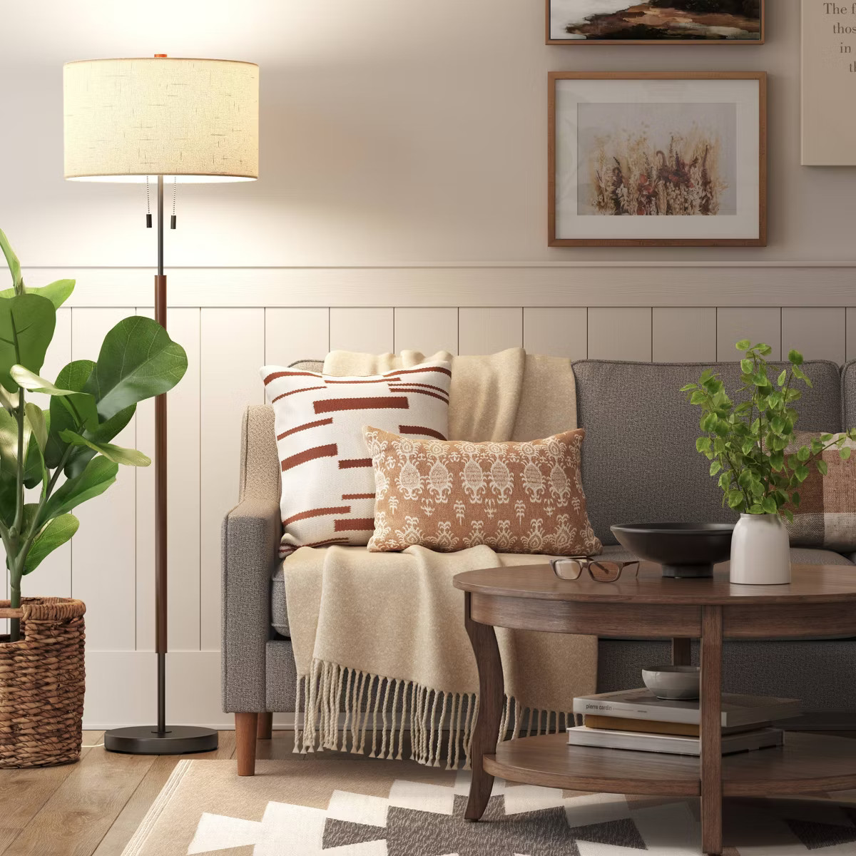 60.5"x18" Cut Off Base Floor Lamp Black/Brown Metal/Wood - Threshold™: Modern Standing Light fo... | Target