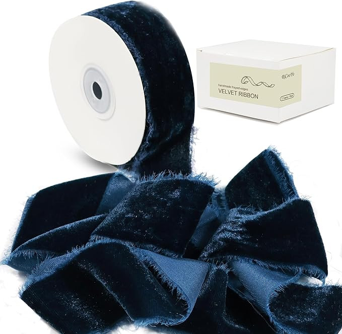 Blue Velvet Ribbon for Gift Wrapping - 1 1/2 Inch 5 Yards Handmade Silk Fabric with Frayed Edge f... | Amazon (US)