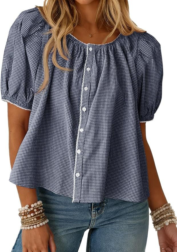 Tankaneo Womens Puff Sleeve Gingham Blouse Summer Plaid Crew Neck Cute Tops Trendy Casual Button ... | Amazon (US)