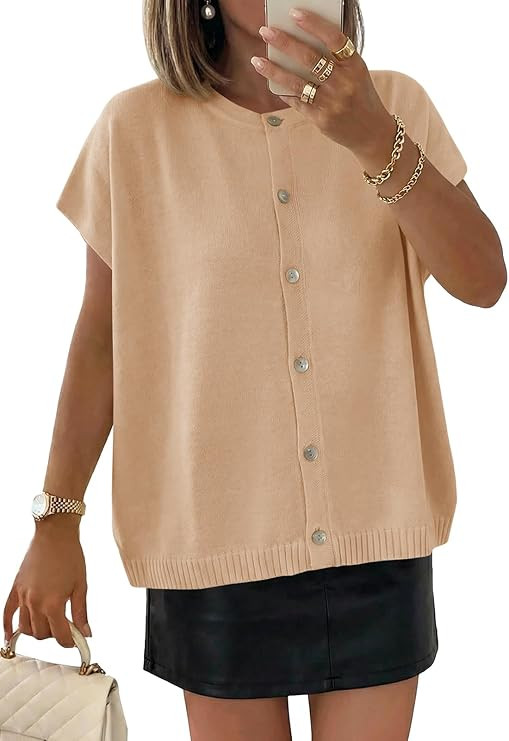 Saodimallsu Womens Oversized Cardigans Summer Short Sleeve Lightweight Knit Button Down Crew Neck... | Amazon (US)