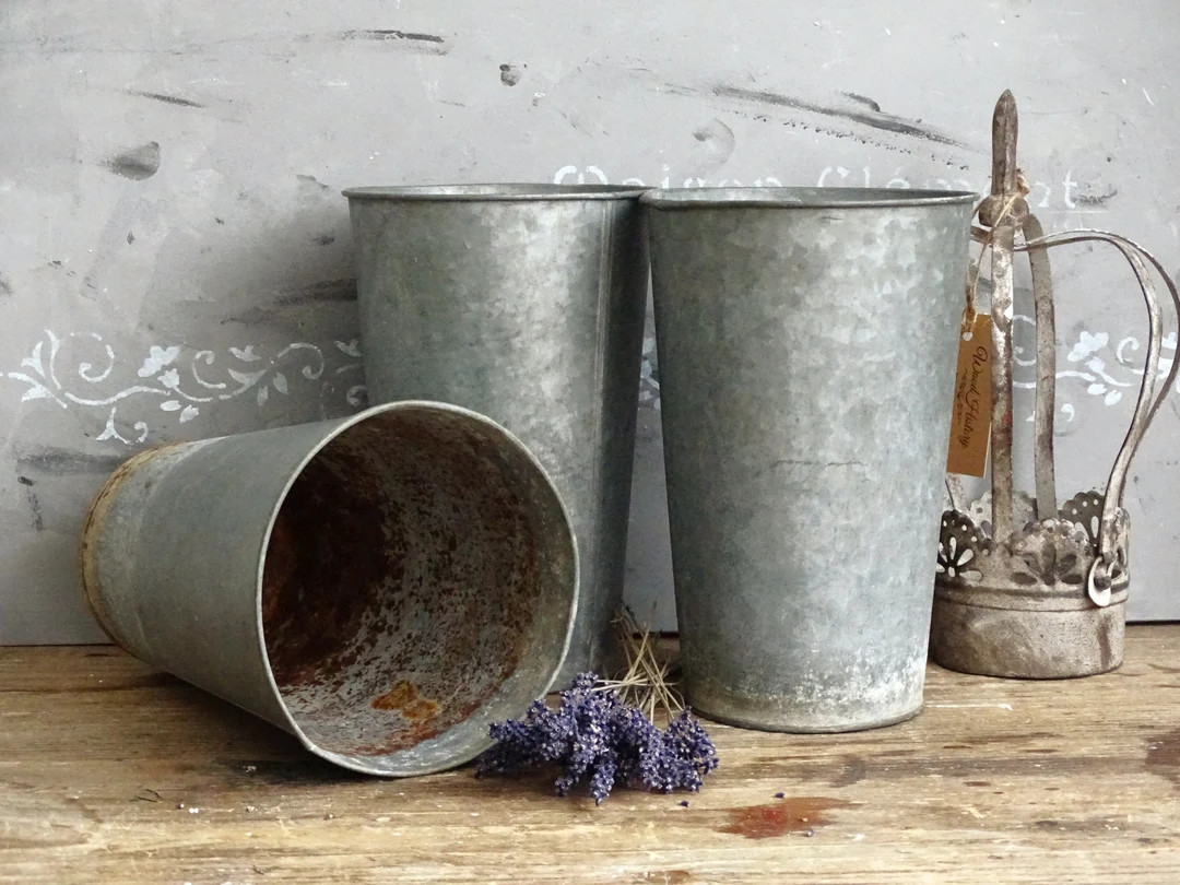 Metal Sap Bucket Planter, Galvanized Zinc Flower Plant Pot, Distressed Indoor Plant Pot, Tin Pail... | Etsy (US)
