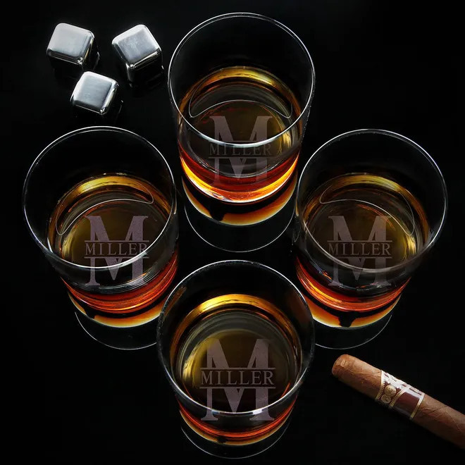 Custom Whiskey Glasses, Set of 4, with Bottom Engraving | HomeWetBar.com