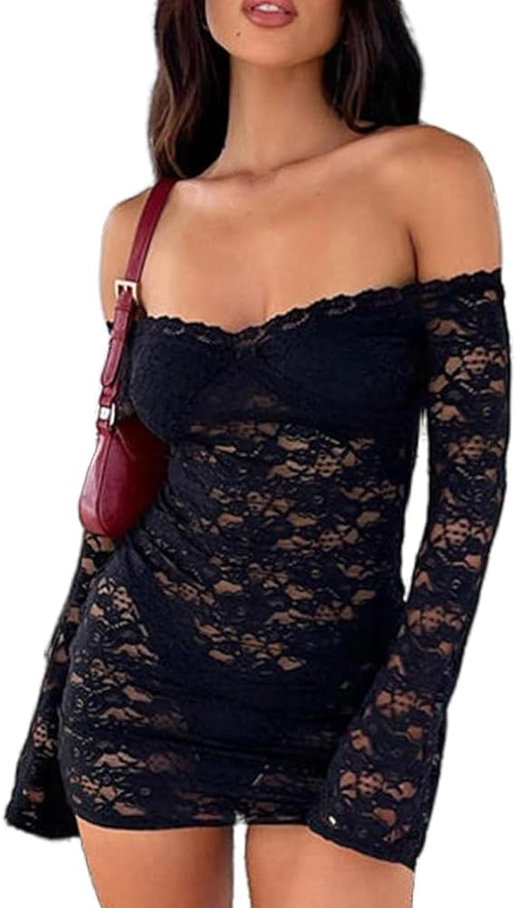 Women Sexy See Through Floral Lace Bodycon Mini Dress Y2k Skinny Long Sleeve Off Shoulder Mesh La... | Amazon (US)