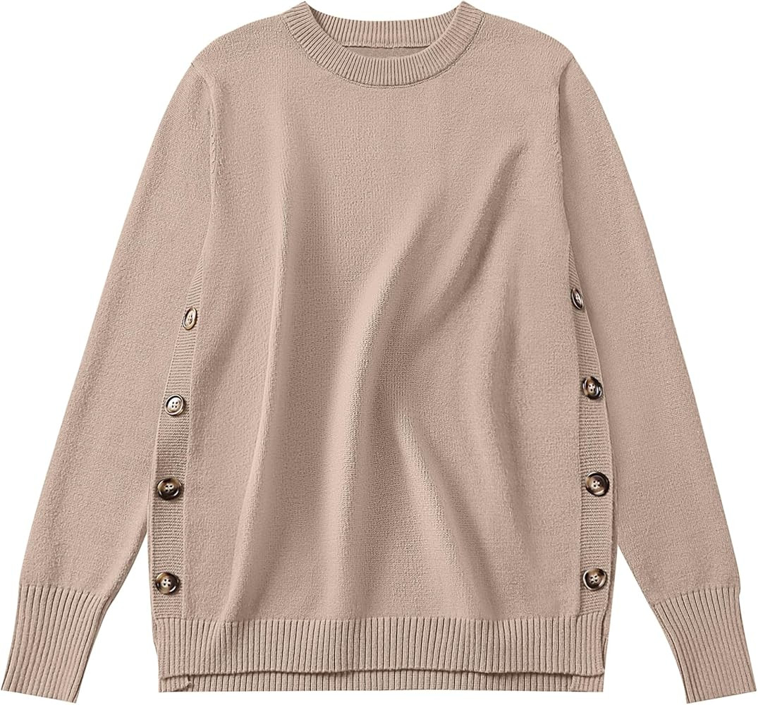 ANRABESS Sweaters for Women 2025 Fall Long Sleeve Crewneck Knit Casual Loose Side Button Basic Pu... | Amazon (US)