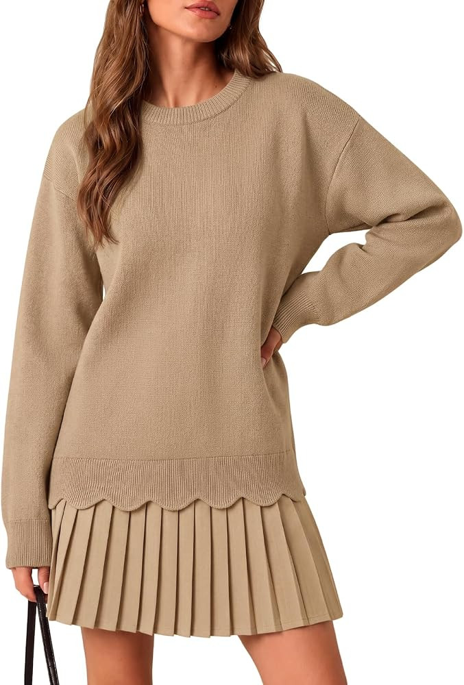 Saodimallsu Womens Pleated Sweater Dress Long Sleeve Crewneck Trendy Cute Loose Knit Fall Mini Dresses | Amazon (US)