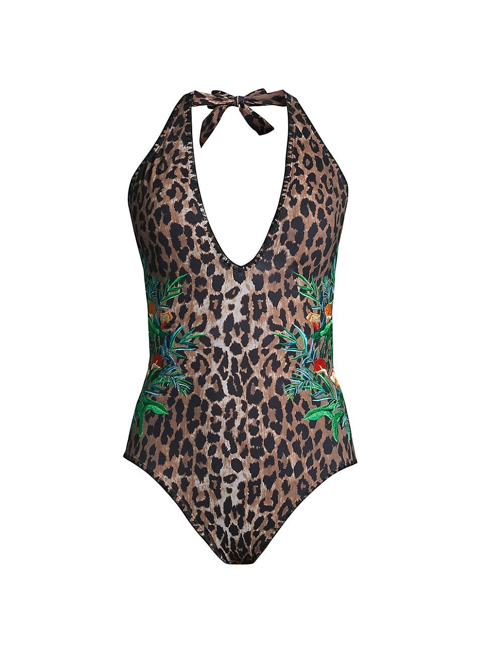 Johnny Was Vivianna Plunge Floral-Embroidered Leopard One-Piece Swimsuit | Saks Fifth Avenue