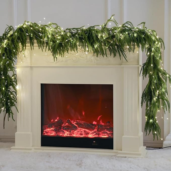 MISSPIN 14ft Christmas Garland with Lights, Real Touch Norfolk Pine Garland, Green Artificial Gre... | Amazon (US)