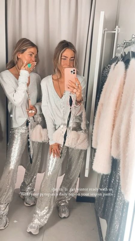 day 11/ 31 get winter ready with us. 👯‍♀️ Wear your pj top as a daily top on your sequin pants. #LTKGift #grwm #getreadywithus 
.
Girlies the sequin silver pants are running low but we found a lot identical ones and have all links for you. Also the pj set we found online. So you can wear it like we do and also just wear your PJ as a lounge set. 
.
#christmasstyle #hmxme #hm #styleinspiration #Fashioninspiration #fashioncouple #twinsisters #twinning #sequins #sparkling #bysiss #fashionhack #styleideas 

#LTKGiftGuide #LTKparties #LTKHoliday